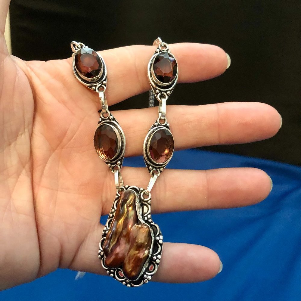 One of a kind Piece- Biwa Pearl+Garnet Gemstone 925 Stamped Silver Necklace!